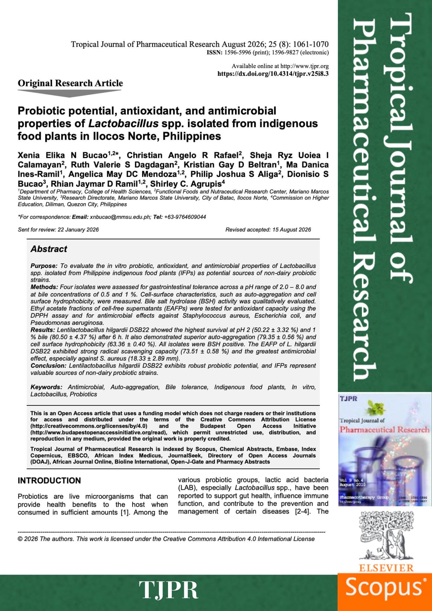 Publication: Probiotic potential, antioxidant, and antimicrobial properties of Lactobacillus spp.isolated from indigenous food plants in Ilocos Norte, Philippines featured image
